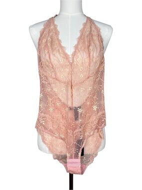 Samantha Chang All Lace Amour Deep Plunge Halter Bodysuit Pink Salt Vanilla M